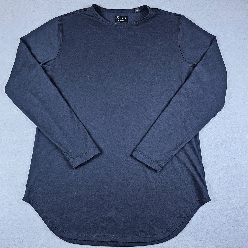 Cuts Clothing Elongated Shirt Mens Medium Black Long Sleeve Crewneck Curved Hem